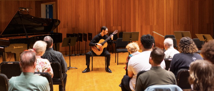A Brown Bag Concert, a regular series showcasing the students and faculty in the Department of Music, held on the stage in Lippes Concert Hall in Slee Hall.