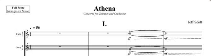 Sheet music titled &ldquo;Athena&rdquo; with the subtitle &ldquo;Concerto for Trumpet and Orchestra.&rdquo; The top left reads &ldquo;Full Score (Transposed Score).&rdquo; Centered text shows &ldquo;I.&rdquo; indicating the first movement, and the composer&rsquo;s name &ldquo;Jeff Scott&rdquo; appears on the right. 