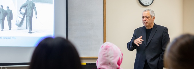 Class with Nestor Zarragoitia, adjunct professor of Transnational Studies, in a Capen Hall classroom.
