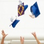 Graduation caps being tossed in the air. 