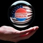 Election results concept featuring a hand holding a crystal ball with the words, "election results" in the center. 