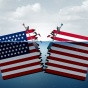 Concept of political divide featuring the American flag as a boat in the water being torn in half by two people rowing in opposite directions. 