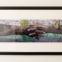Stephen Marc, untitled montage, 2005; archival ink jet print on paper. The forest in upstate New York is the backdrop for the arms of an underground railroad descendant covered with wormwood and a tobacco leaf, and text from an 1835 "last will and testament" referencing the distribution of slaves. 
