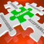 Concept of tolerance featuring puzzle pieces fitted togeter with the words, "understanding, acceptance, appreciation, openess" and "tolerance" on the center puzzle piece. 