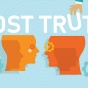 Concept of post-truth featuring gears, various-sized heads in profile and a hand removing the "U" from the word "Truth.". 