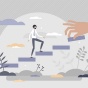 Concept of mentoring featuring a small figure climbing stairs as a larger hand places the steps down. 