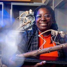 Stephanie Poindexter holding a reconstructed skeleton of a slow loris. 