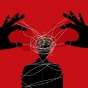 Concept of manipulation featuring large hands with stings attached to the fingers that are tangled around a smaller figure's body and head. 