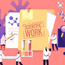 Graphic representation of scientific work including lab coats, beakers and microscopes. 