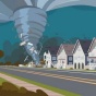 An illustration of a tornado causing property damage on a street lined with houses. 