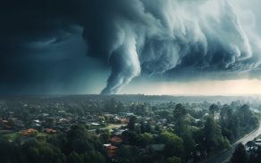 Destructive tornado passing through the city, causing havoc. 