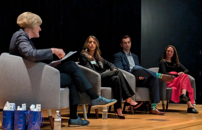 Robin Schulze; Gabrielle Bailey, BA '13 Communication, Corporate & Executive Communications, Corning Inc.; Tyler Bauer, EDM '16, BS '14 Psychology, UB Organizational Change Management Specialist; Katie Homer, BA '10 Psychology Manager of Philanthropy, Buffalo AKG Art Museum. 