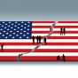 Concept of divided politics featuring an American flag ripped through the center while several human figures talk to each other. 