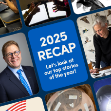 A collage-style graphic titled &ldquo;2025 Recap: Let&rsquo;s look at our top stories of the year!&rdquo; surrounded by photos highlighting the year&rsquo;s stories, including students collaborating with laptops, a dean in a suit, an artist working with bird illustrations, an abstract black-and-white artwork, civic-themed illustrations with U.S. flags, and close-ups of research and scientific equipment. 