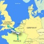 Map of Europe with an airplane icon flying from France to the United Kingdom. 