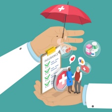 Concept of social policies in healthcarre featuring the hands of a doctor, one holds miniature people and healthcare icons and the other holds a red umbrella over them. 