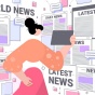 Concept of breaking news with a figure looking at multiple screens displaying news. 
