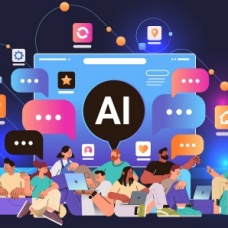 Illustration of people using digital devices beneath an AI interface surrounded by colorful speech bubbles and technology icons. 