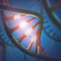 Realistic illustration of a twisting RNA strand with molecular structures in the background. 