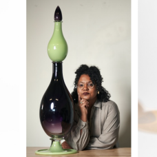 Left to right: Black Star Line (2024), blown glass created with the Museum of Glass; Crystal Z Campbell pictured with one of her blown glass works; and The Comet (after W.E.B. Du Bois) (2024). 