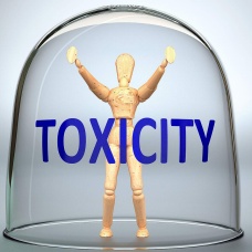 Toxicity can separate a person from the world and lock in an invisible isolation that limits and restrains - pictured as a human figure locked inside a glass with a phrase Toxicity. 