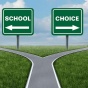 Illustration of a fork in the road with highway signs pointing left to "School" and right to "Choice," symbolizing a decision between educational options. 