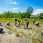 UB students doing something with shovels and buckets in what looks like a swamp. 