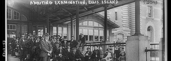 Immigrants awaiting examination on Ellis Island. 