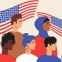 Two American flags behind five diverse people. 