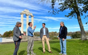 New physics faculty (from left to right), Tim Thomay, Grady Gambrel, Bendikt Harrer, and Jan-Christopher Winter, enjoying some nice weather at Baird Point on North Campus. 