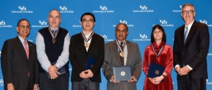 Professor Igor Zutic (second from left) was awarded SUNY Chancellor’s Award for Excellence in Scholarship and Creative Activities (with UB President Satish Tripathi (far left) and Provost Scott Weber (far right). 