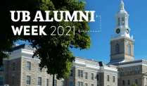 Text on graphic of UB South Campus clock tower reads: UB Alumni Week 2021. 