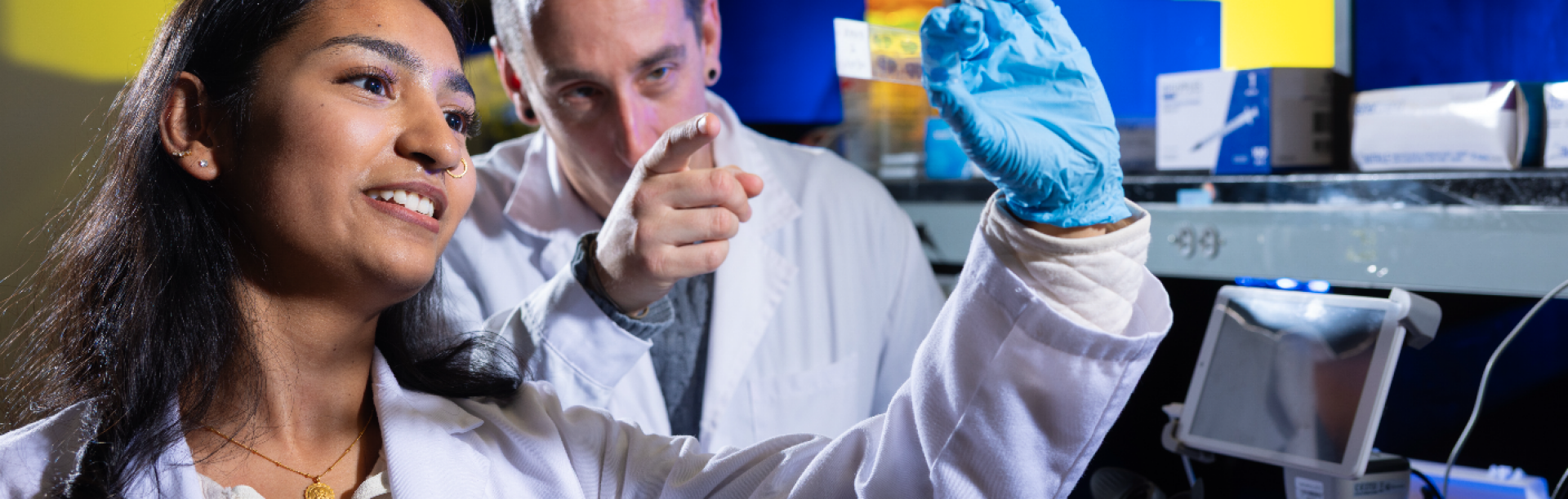 A student looking at a lab sample. 