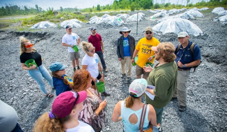 High school teachers in the EarthEd Institute visited Penn Dixie Fossil Park and Nature Reserve in July 2021 to learn about fossils and rocks that can be found in Western New York. The program is organized by the Department of Geology and the Department of Environment and Sustainability, both in the UB College of Arts and Sciences. Photographer: Douglas Levere. 