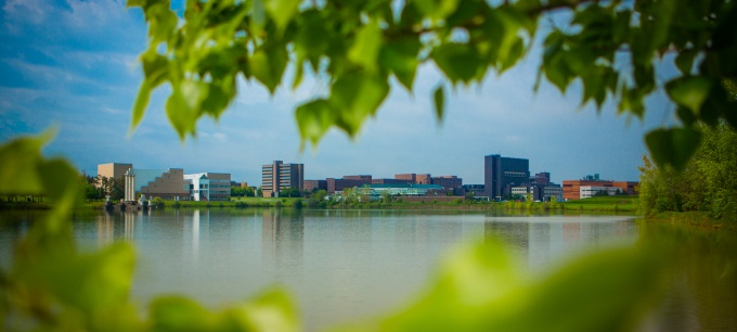 Exterior view of the campus from across Baird Point. 
