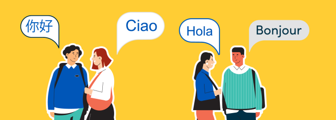 Illustration of four people greeting each other with speech bubbles in different languages on a yellow background. On the left, two people stand together with speech bubbles that read &ldquo;你好&rdquo; and &ldquo;Ciao.&rdquo; On the right, two more people face each other with speech bubbles that read &ldquo;Hola&rdquo; and &ldquo;Bonjour.&rdquo;. 