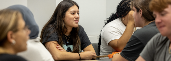 Students sitting at their desks discussing with one another.