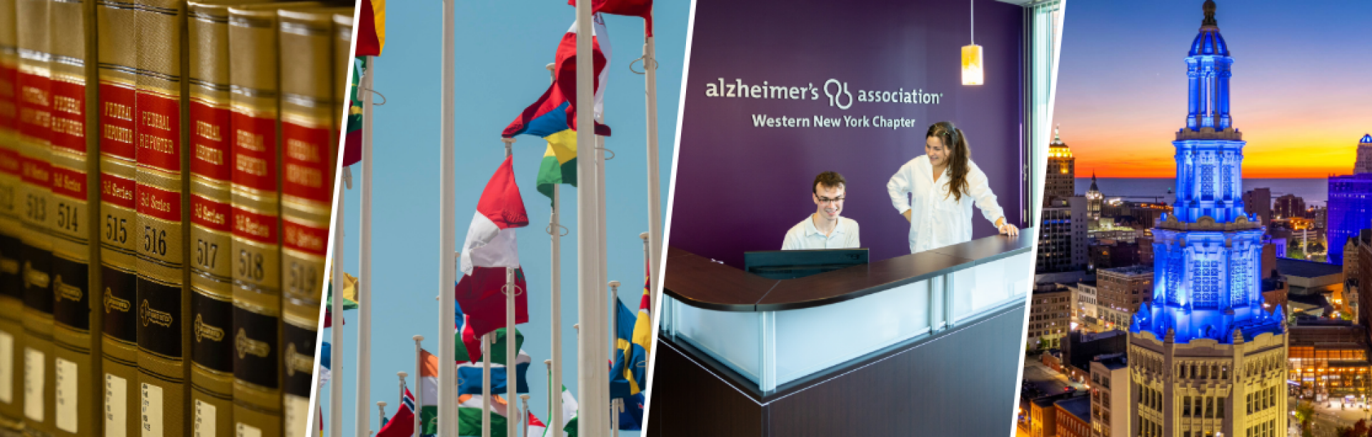 Collage of: law books, international flags, intern at the Alzheimer's Association office and a photo of the Buffalo skyline. 