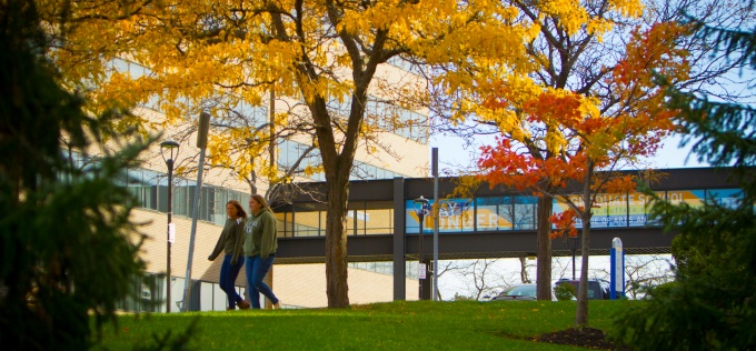 Students walking on North Campus in the fall. 