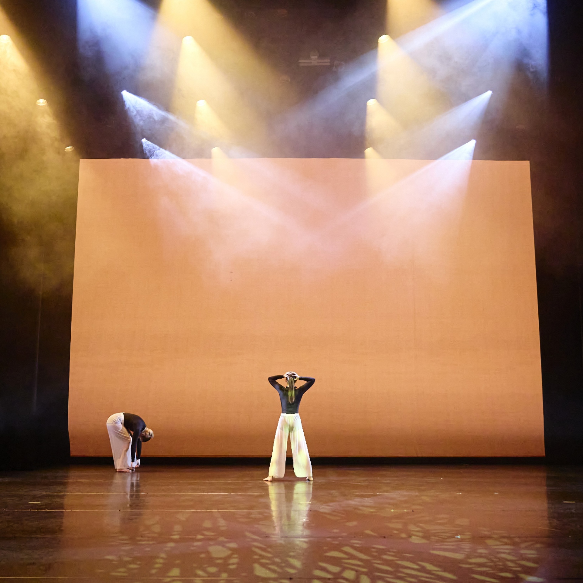 Performers on large stage. 