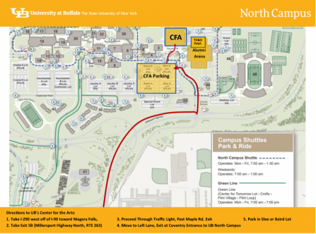 Zoom image: Map of UB North Campus, Center for the Arts, and parking options.