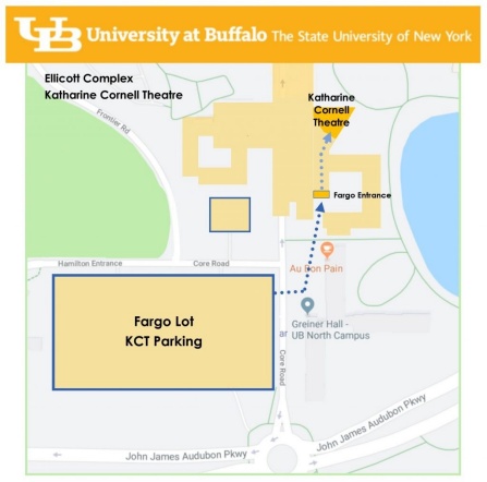 Zoom image: Map of UB Ellicott Complex, Katharine Cornell Theatre and parking options.