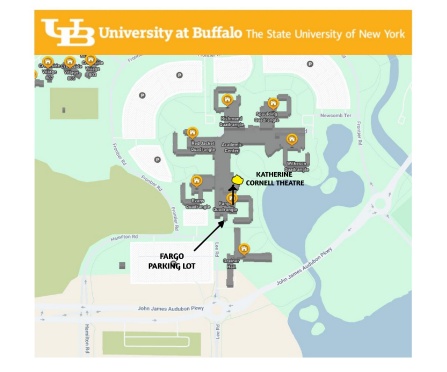 Zoom image: Map of UB Ellicott Complex, Katharine Cornell Theatre and parking options.