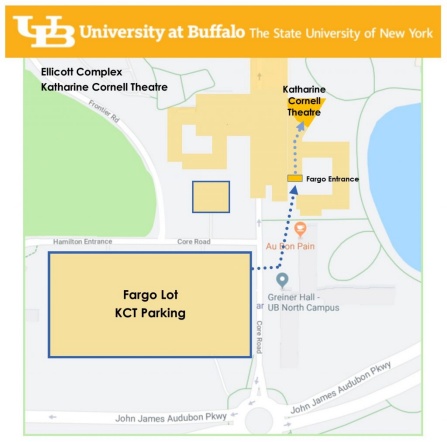 Map of UB Ellicott Complex, Katharine Cornell Theatre and parking options. 