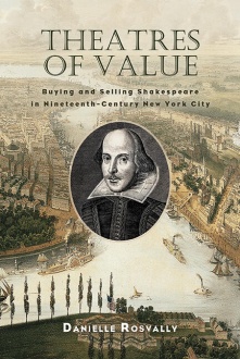 Book cover with portrait of Shakespeare mounted over colonial-era New York City. 