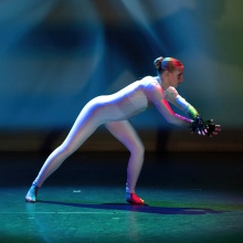 ZDC "danceSense" rehearsal with open-backed unitard and sensor gloves. Photo by Ken Smith. 