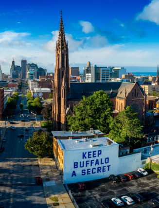 "Keep Buffalo a Secret" mural on a downtown Buffalo building. 